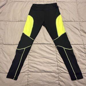Shein Black Leggings with Neon Yellow Panels
